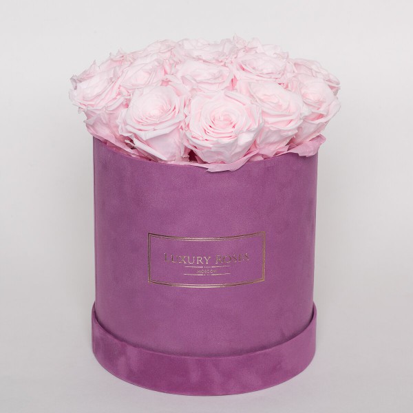 Букет 15 розовых роз в бархатной фиолетовой коробке
