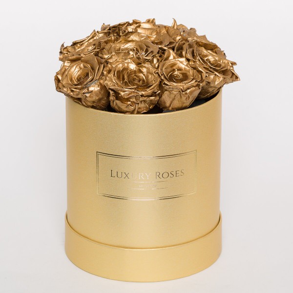 Букет 11 золотых роз в золотой коробке "Слиток золота"