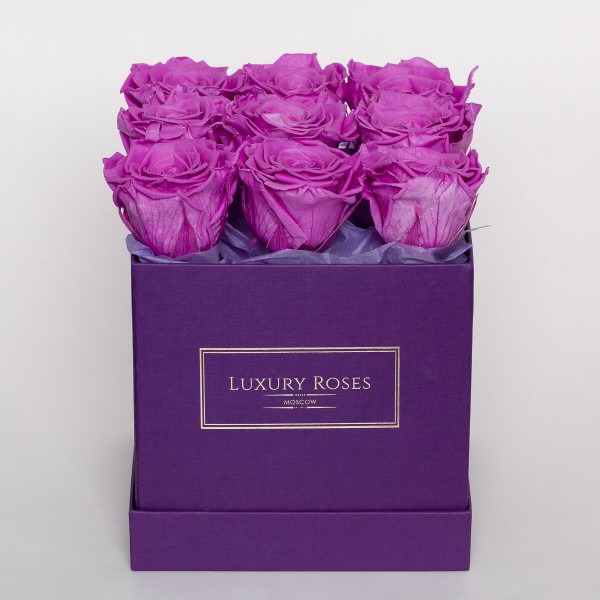 Букет 9 лиловых роз в фиолетовой коробке