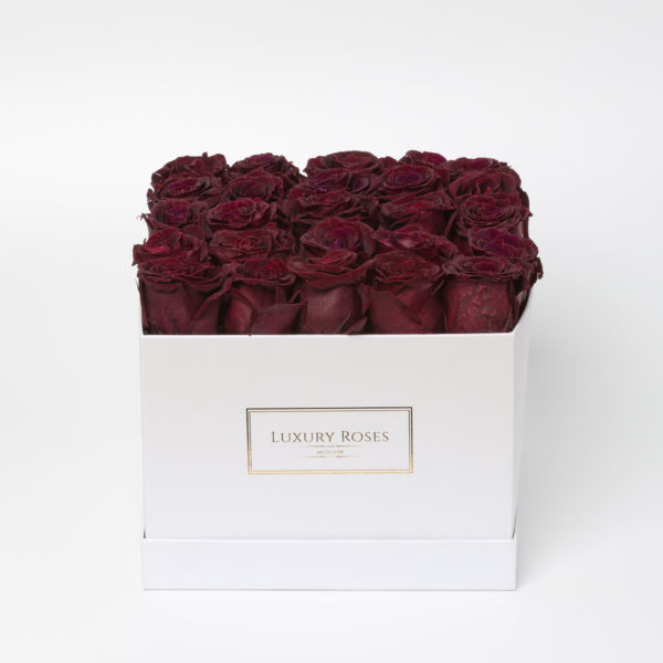Букет 25 бордовых роз в квадратной белой коробке
