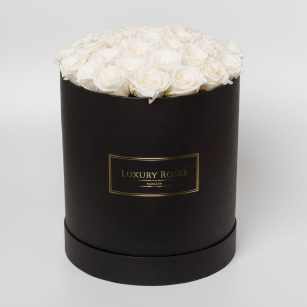 Букет 25 белых роз в шляпной черной коробке