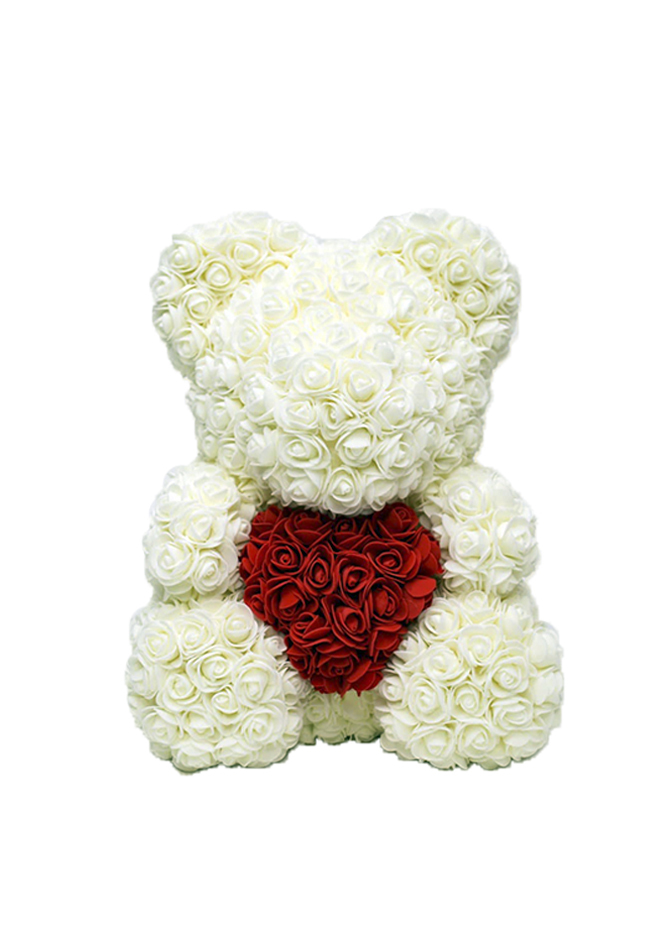 Мишка из роз White с сердцем (40 см)