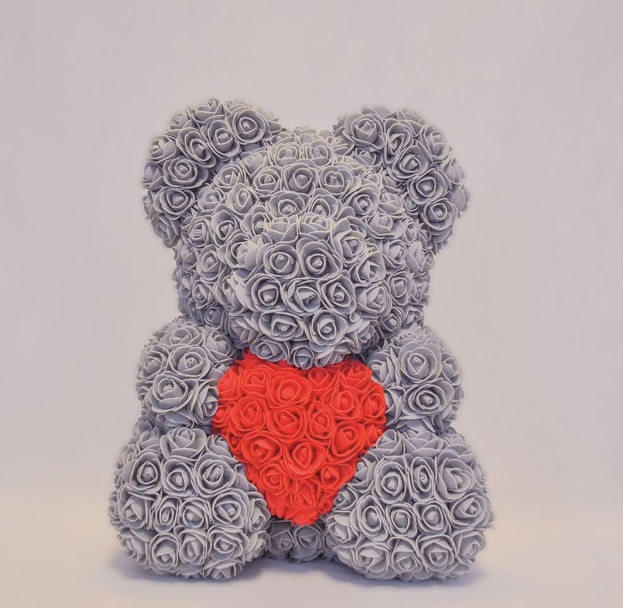 Мишка из роз серый с сердцем (40 см)