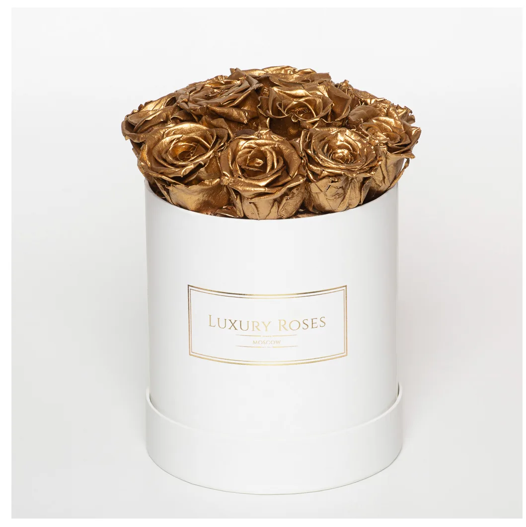 Букет 11 золотых роз, Букеты в шляпной коробке - Luxury Roses, СПб